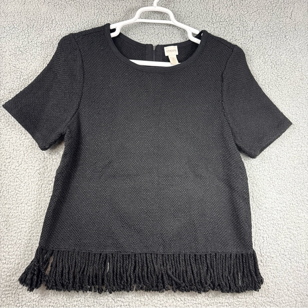 Classy‎ Chico's Black Textured Short Sleeve Sweater Top with Fringe Hem